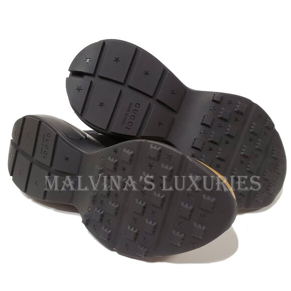 GUCCI SNEAKERS MENS RHYTON BLACK GG SUPREME BROWN LEATHER SHOES sz 8 8.5 - Picture 12 of 16